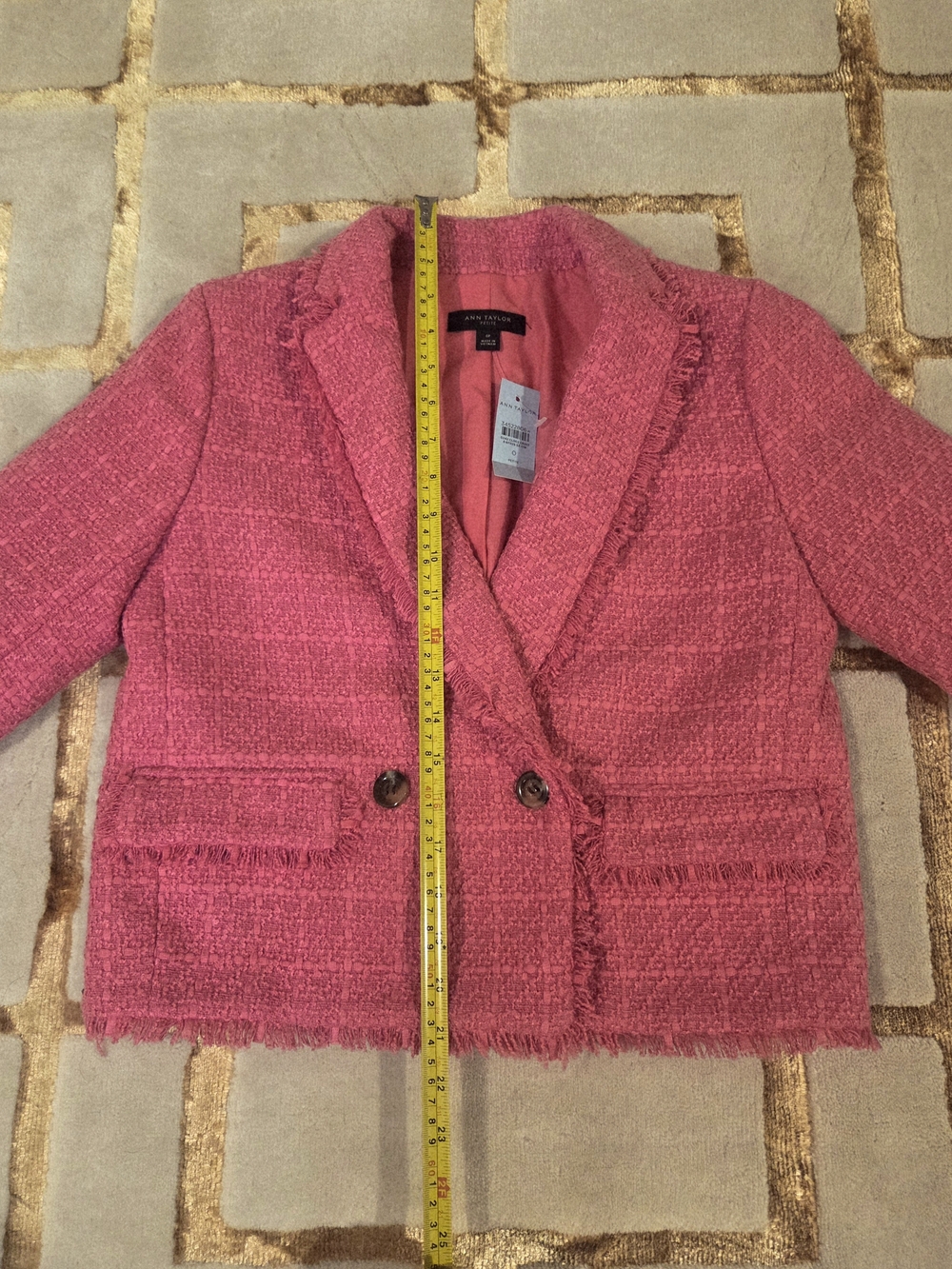 Ann Taylor Tweed Blazer Jacket 0P Petite Preppy Hot Pink Fringe - Picture 8 of 10